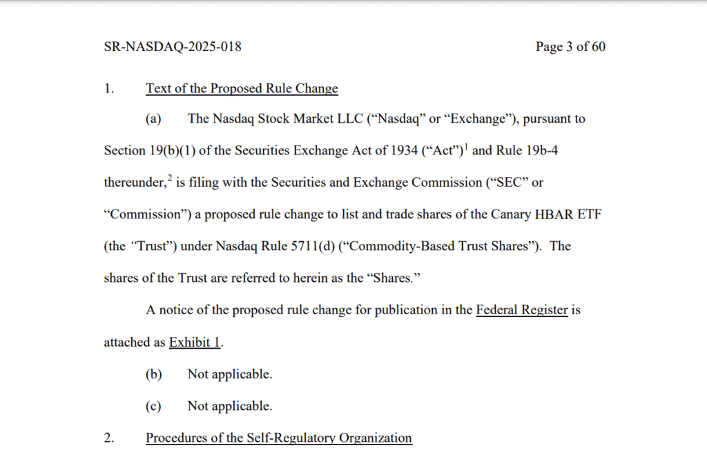 Nasdaq Files For SEC Approval to List Canary HBAR ETF 2 Nasdaq HBAR ETF 1