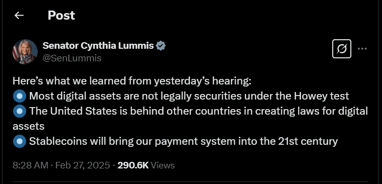 Stablecoin Legislation Takes Focus in First Digital Assets Hearing, Senator Lummis Shares Insights 2 image 265