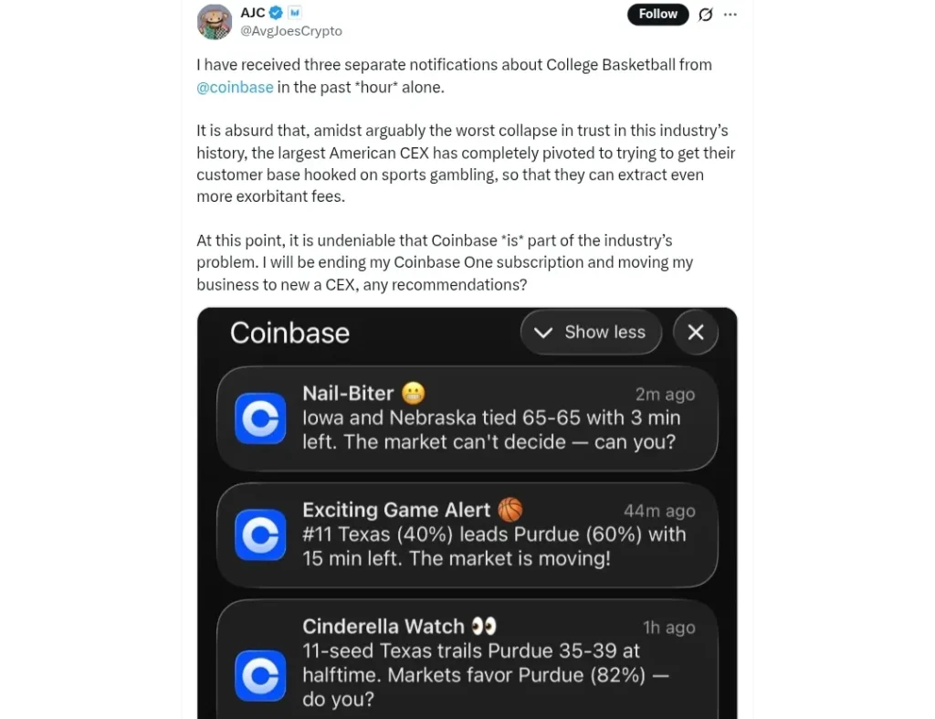 The Coinbase user compliant on the notifications.
Source: AVJoesCrypto