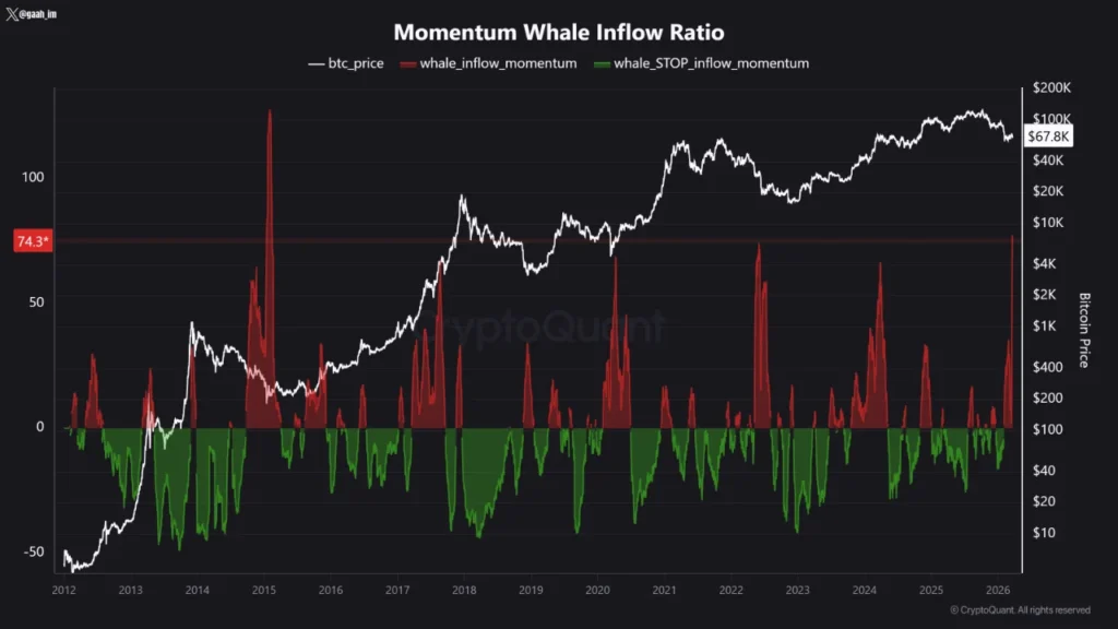 Bitcoin whale inflow momentum reaches highest level in 11 years indicating major capital movement