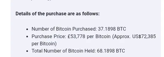 Details of Stack BTC recent Bitcoin purchase.
Source: Investigate.co.uk