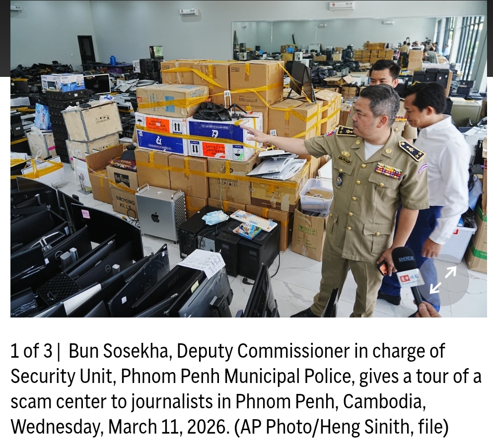 Cambodian Authorities  Speaking to journalists on the topic of cracking down cyber scam networks.

Source: apnews.com
