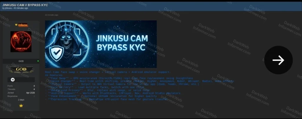 How Jinkusu is helping fraudsters bypass KYC.
Source: Darkweb informer