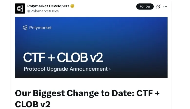 Polymarket official announcement on the upgrade.

Source: Polymarket 
