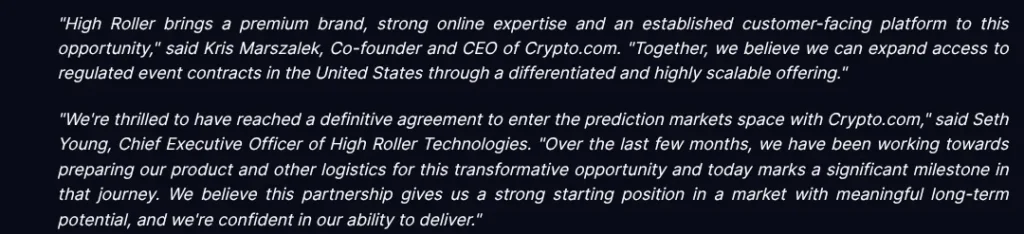 Details of High Roller parnersgip with crypto.com
Source: Highroller.com