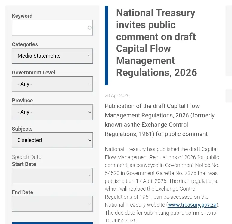 South Africa's new 'Capital Flow Management Regulations'
Source: gov.za