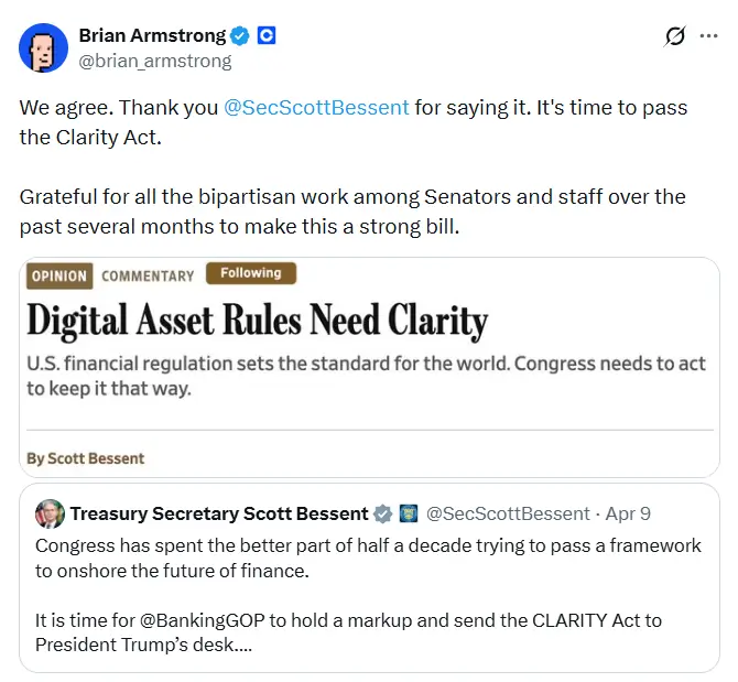 Brian Armstrong supports Clarity Act crypto bill following Scott Bessent regulatory push