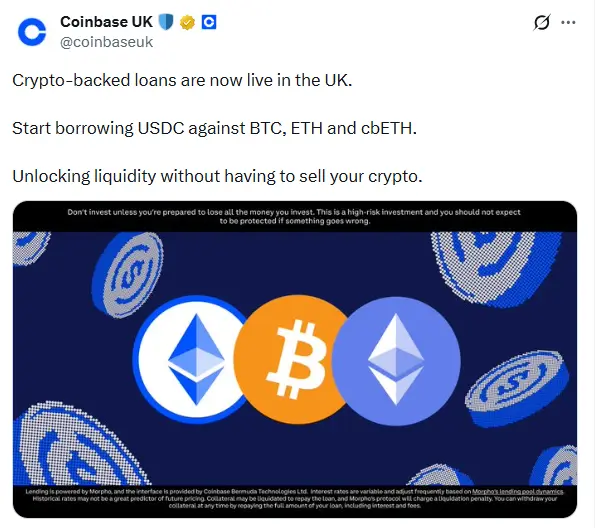 Coinbase UK tweet announces crypto-backed USDC loans allowing BTC and ETH collateral borrowing