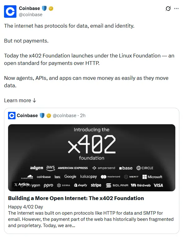 Coinbase announces x402 foundation launch for AI agent payments using open HTTP payment protocol