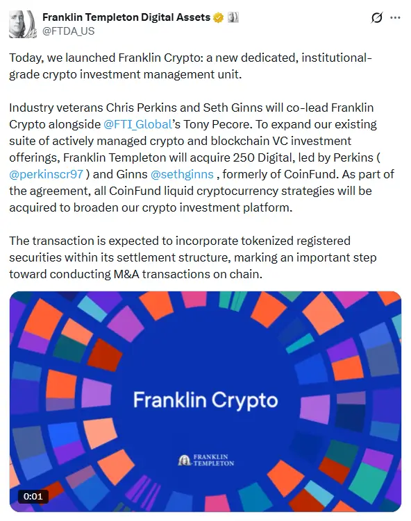 Franklin Templeton announces Franklin Crypto launch and CoinFund spinoff acquisition to expand institutional crypto adoption