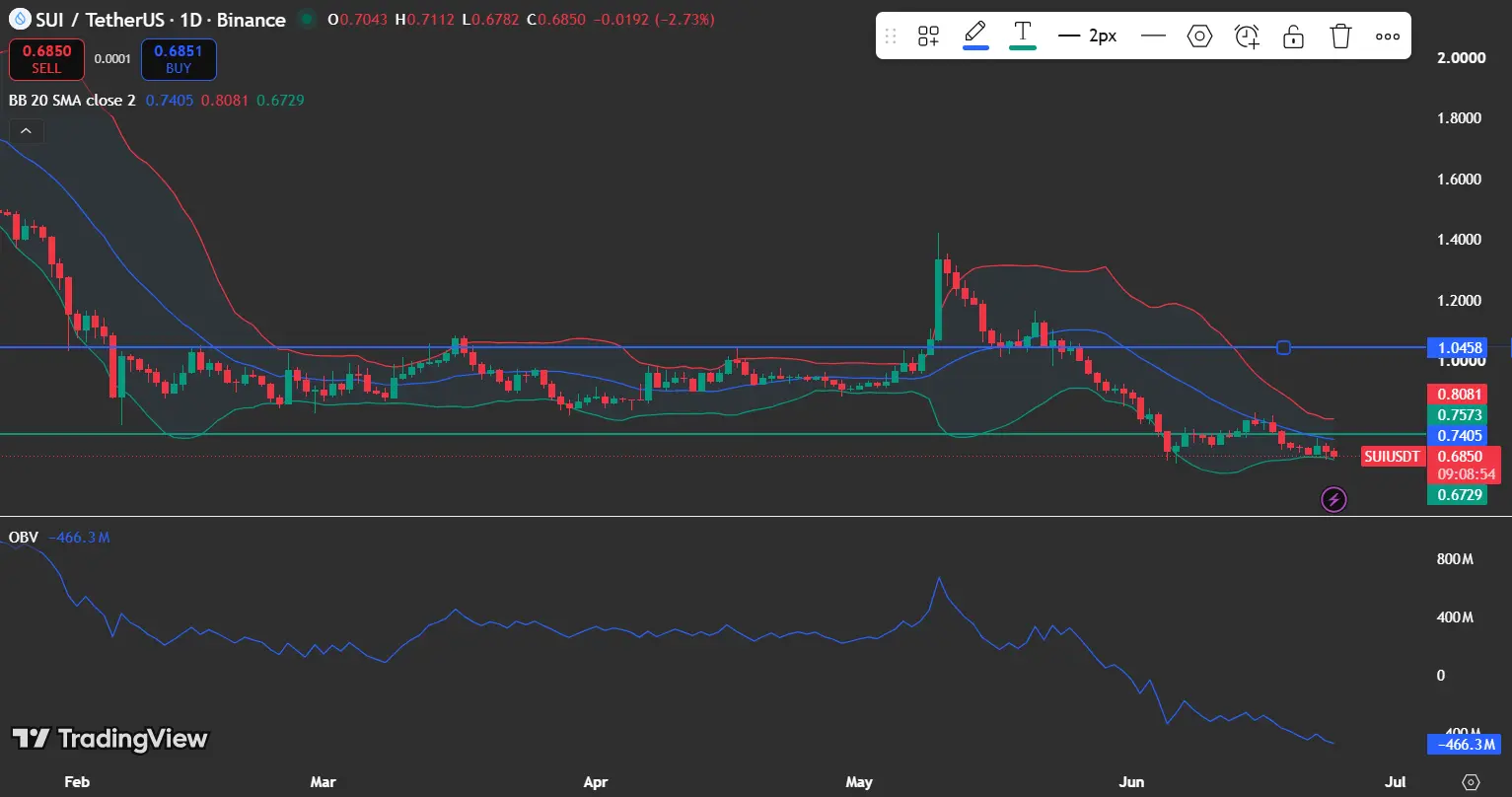 SUI price trades near support while facing resistance around $0.74 and $0.80.