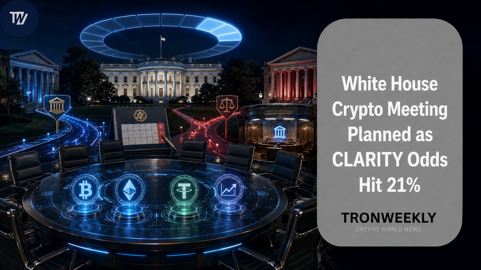 White House Crypto Meeting Planned as CLARITY Odds Hit 21%