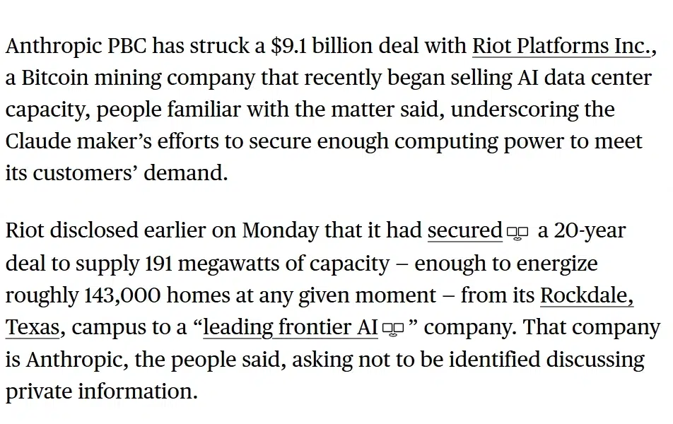 Riot Platforms signed a 20-year, 191 MW data center lease