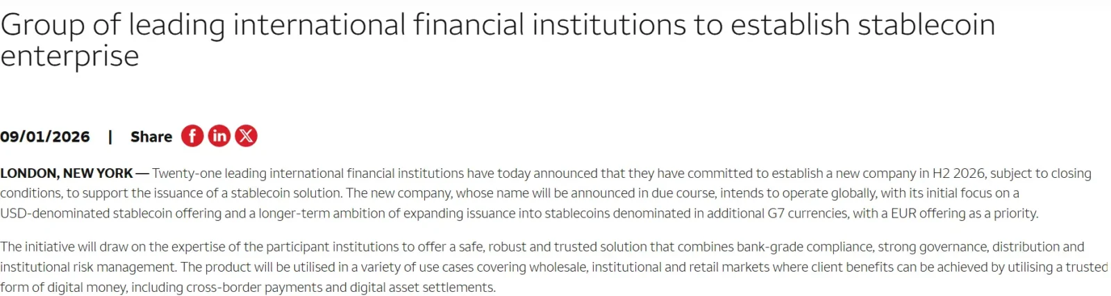 21 Institutions Plan USD Stablecoin Company for H2 2026