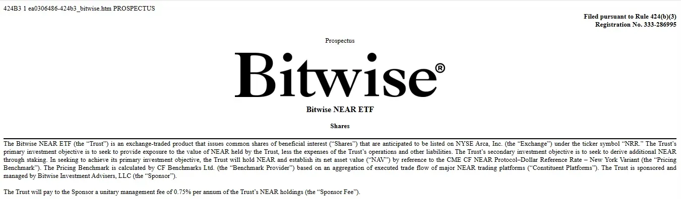 Bitwise NEAR ETF filing