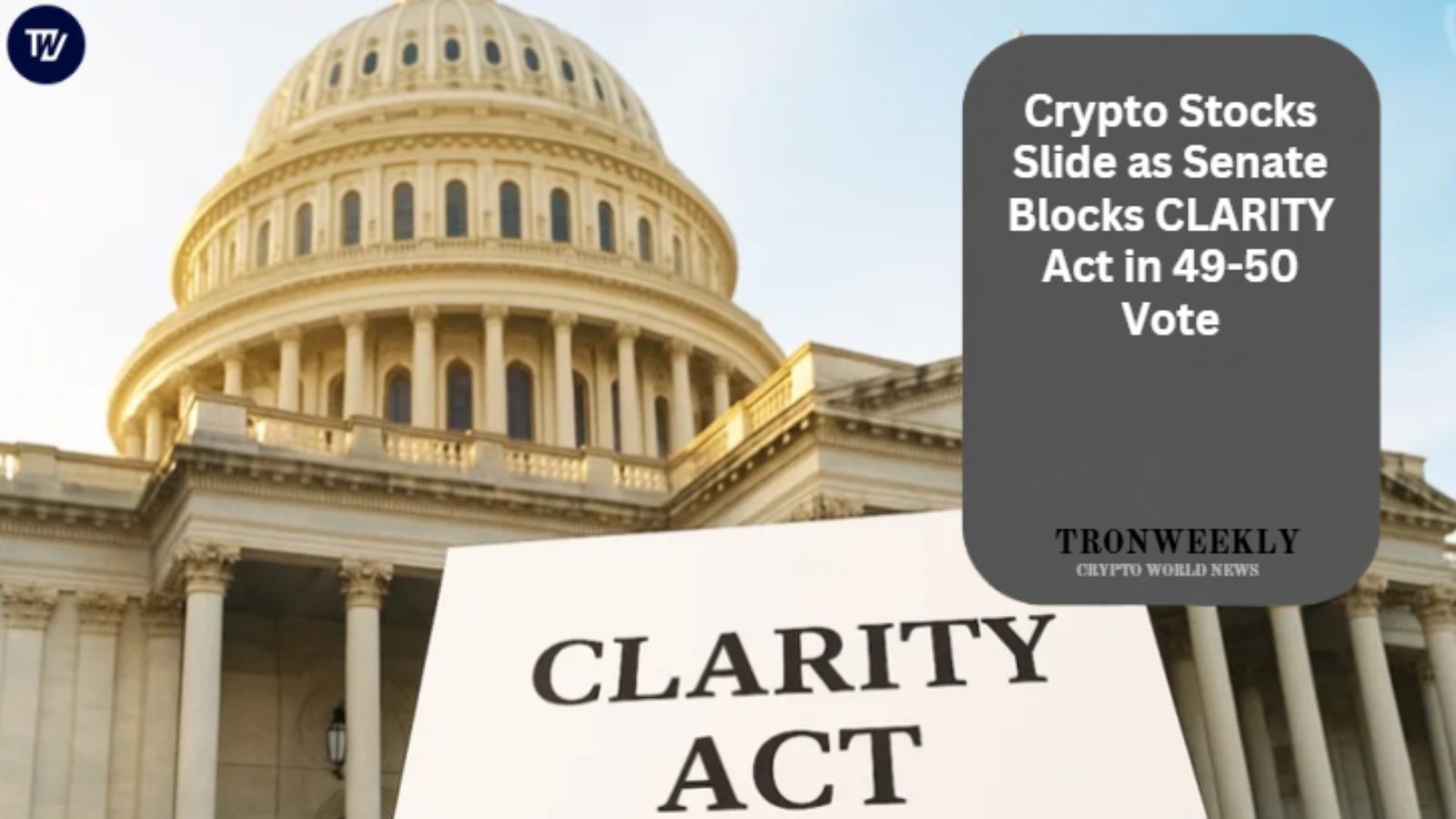 Crypto Stocks Slide as Senate Blocks CLARITY Act in 49-50 Vote