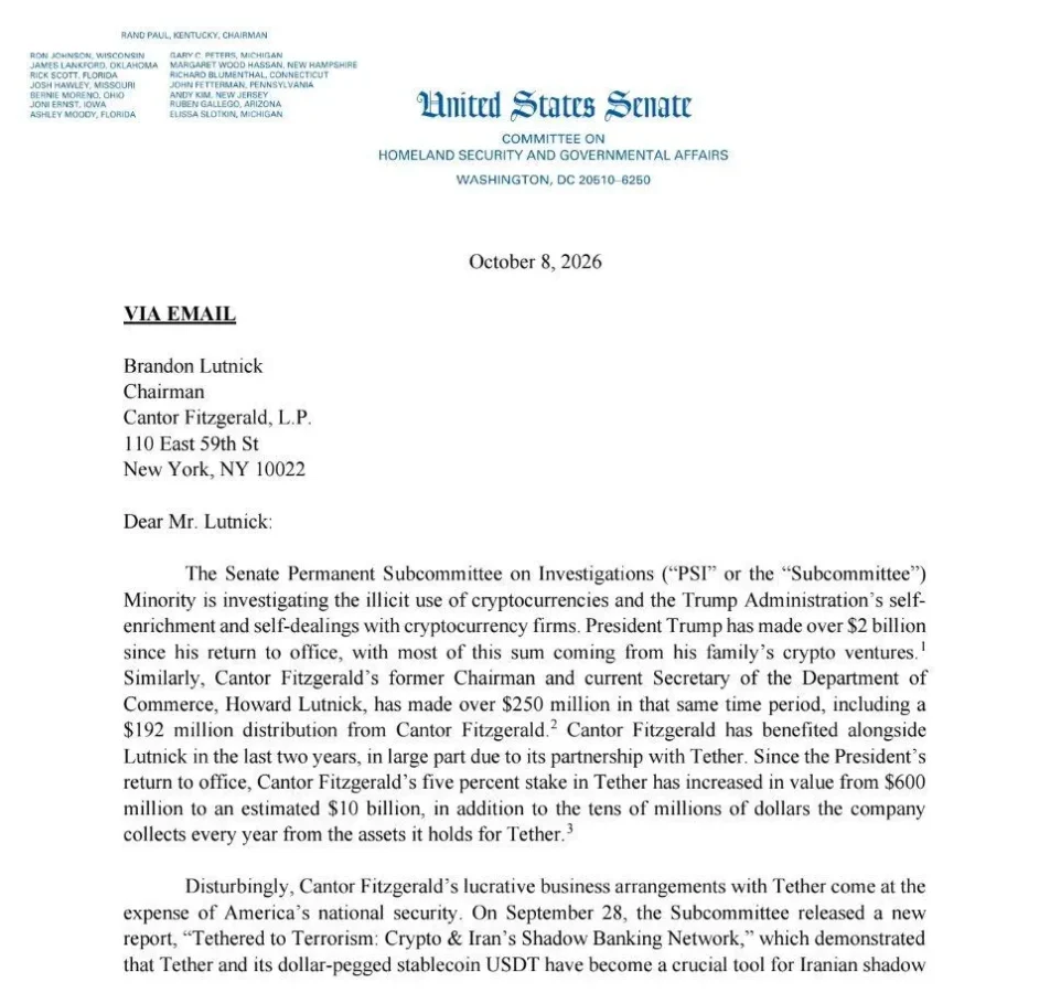 Brandon Lutnick’s letter over Cantor Fitzgerald's Tether 