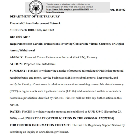 FinCEN Withdraws 2020 Crypto Wallet Reporting Proposal